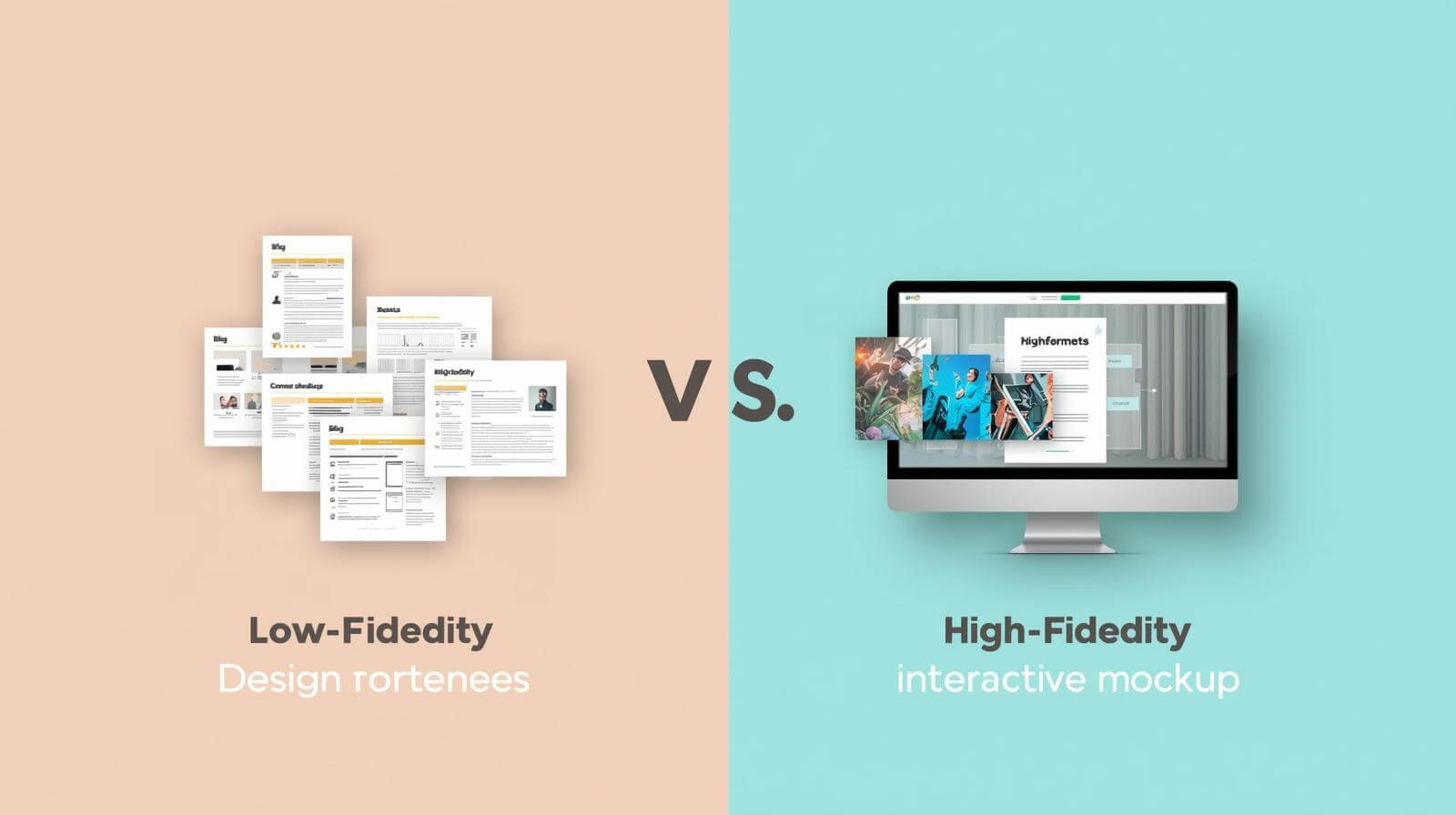 Comparison of low-fidelity vs high-fidelity UX design prototypes with wireframe and mockup visuals